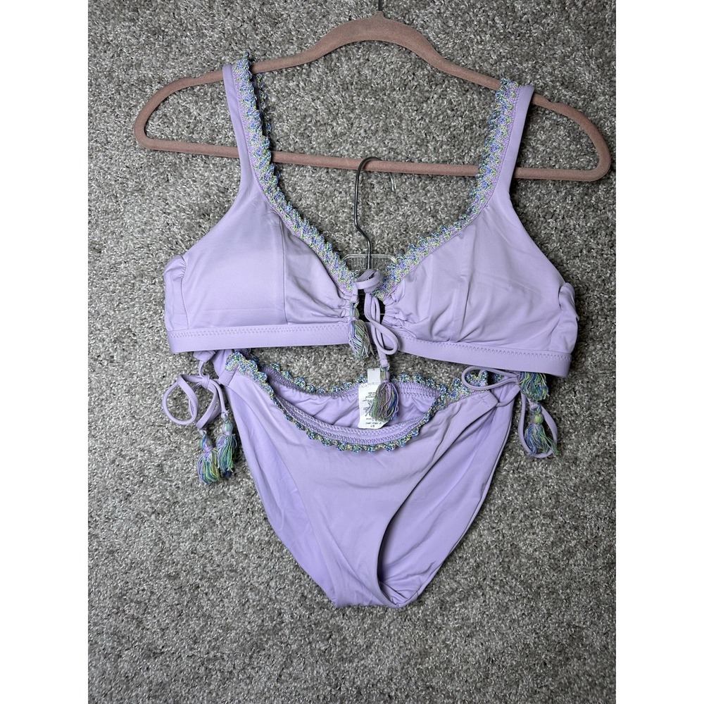 BECCA by Rebecca Virtue Iris Purple Crochet Trim Bikini Set Size Large EUC!